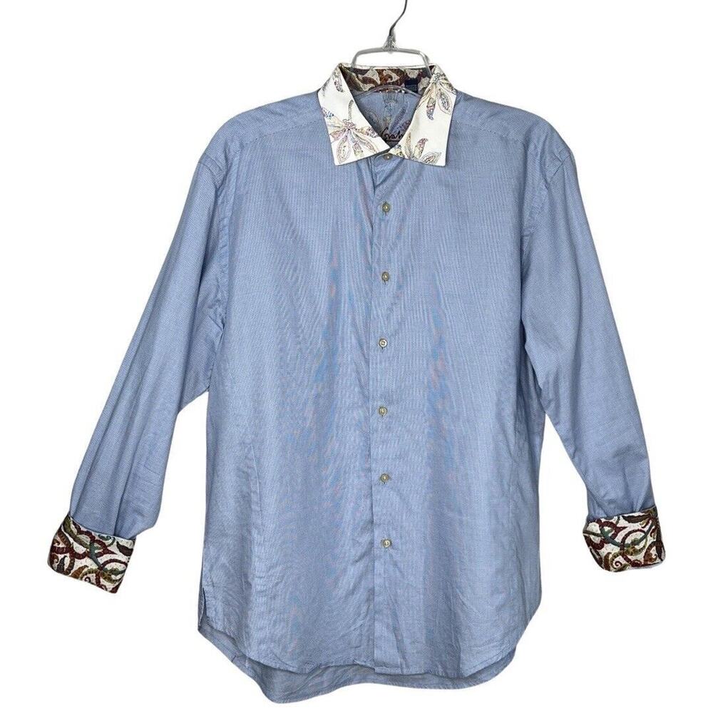 Robert Graham Shirt Mens XL Blue Gingham Paisley‎ Collar Flip Cuff Career Preppy